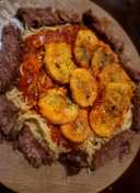 Roasted Beef with Fried Squash on Spaghetti Parmigiano