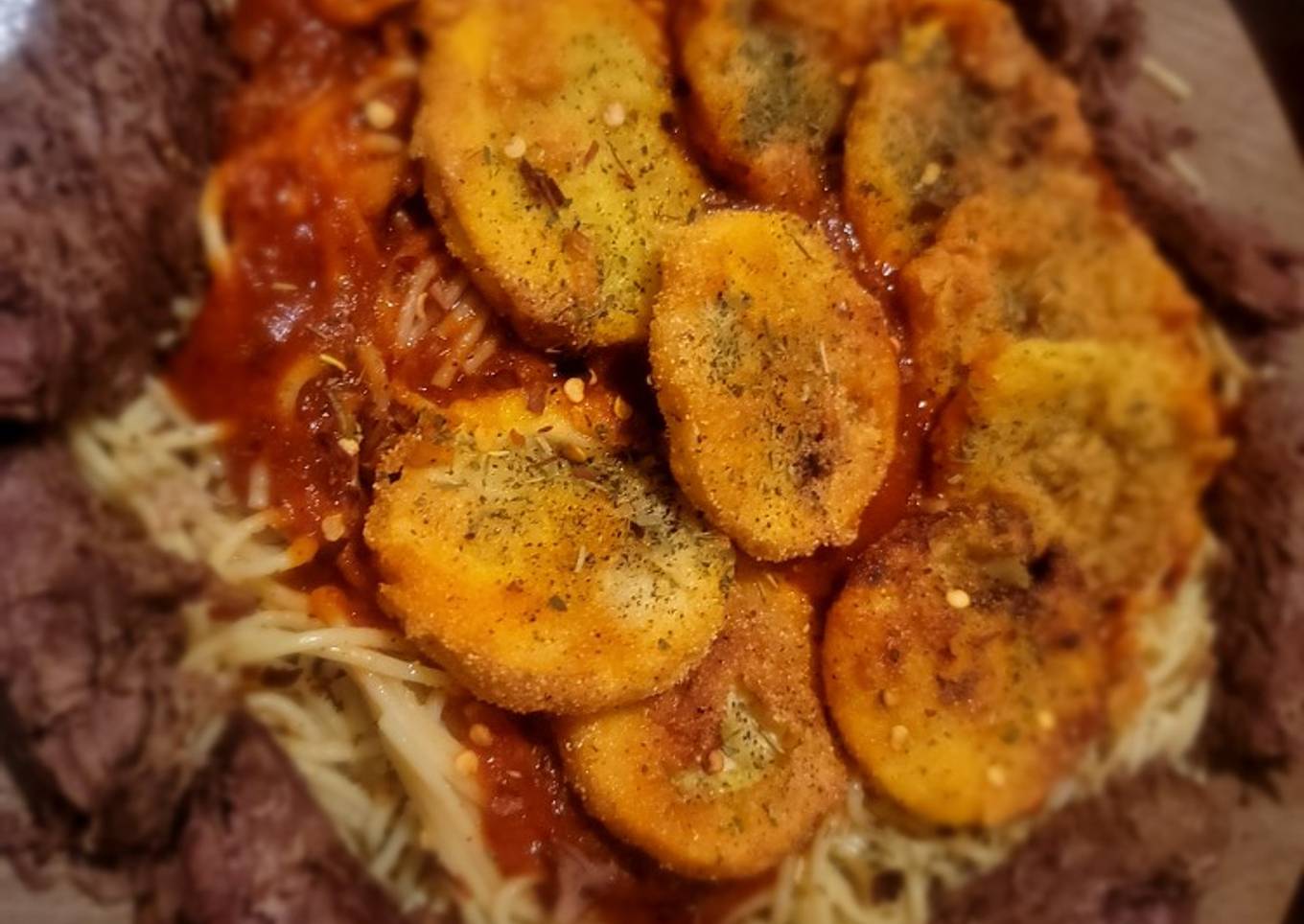 Roasted Beef with Fried Squash on Spaghetti Parmigiano