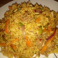A picture of Mince meat and egg jallof rice.