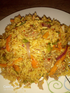 A picture of Mince meat and egg jallof rice.
