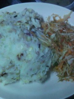 A picture of Mokimo with steamed cabbage.