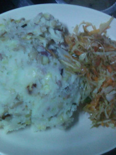 A picture of Mokimo with steamed cabbage.