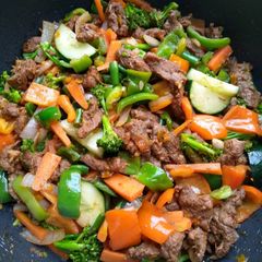 A picture of Beef and veggies fry.