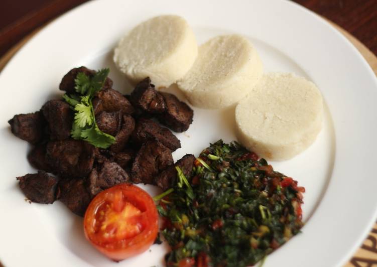 Ugali maini(beef liver with ugali and sauted spinach