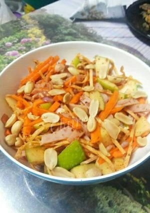 A picture of Thai Style Apple Ham Salad with Fish Strings Snack.