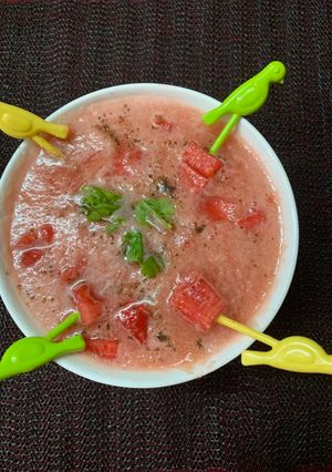 A picture of Watermelon Gazpacho cold soup.