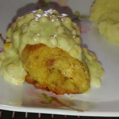 A picture of Baked cordon Bleu with creamy chicken corn sauce.