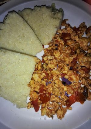A picture of Fried Eggs with Ugali.