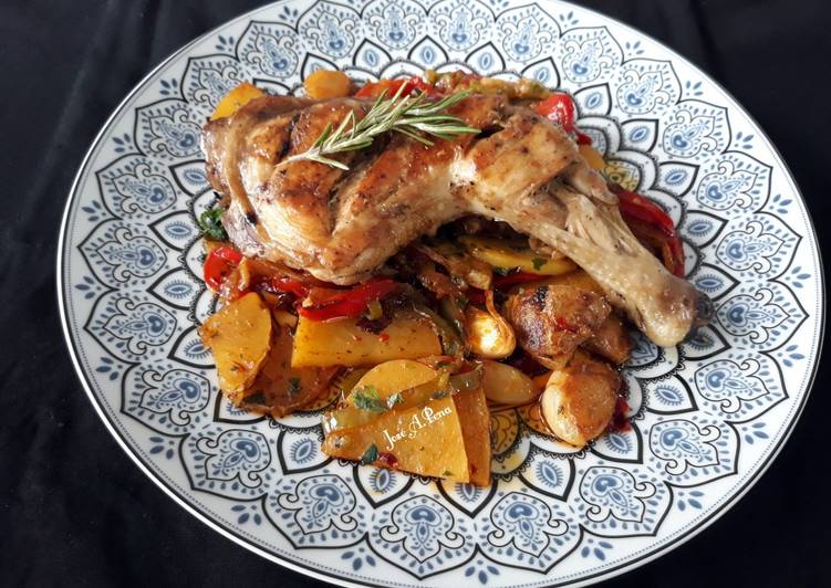 Contramuslos en parrilla con guarnición de patatas a lo pobre