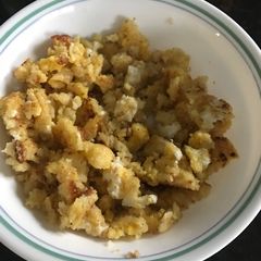Cornbread and scrambled eggs A picture of Cornbread and scrambled eggs.