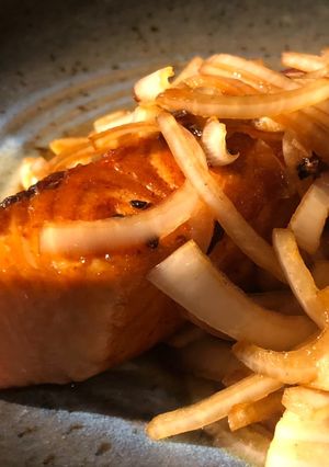 A picture of Salmon with soy sauce and onion.
