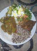 Rice and beans,salad,vegatable stir fry and beef sauce