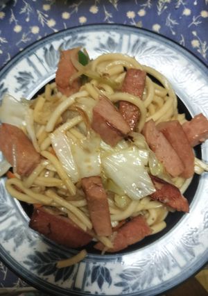 A picture of Stir-Fried Udon with Spam and Mixed Vegetables.