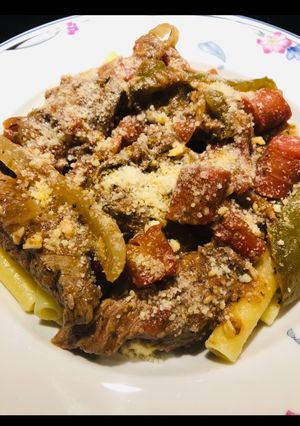 A picture of Garlicky Steak with Pepperoni Bites.