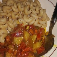 A picture of Irish Potato source with white macaroni.