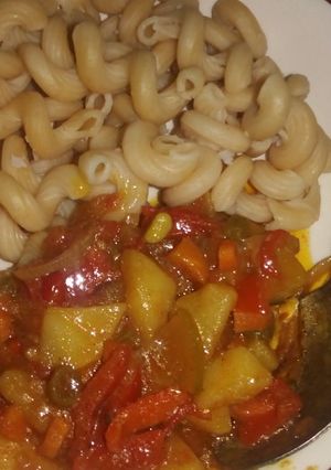 A picture of Irish Potato source with white macaroni.