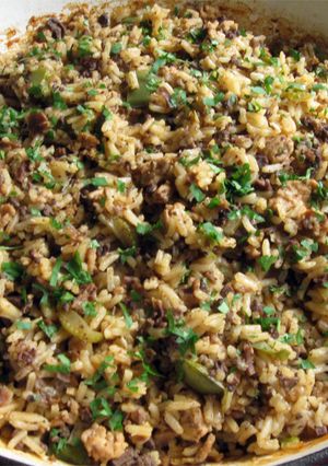A picture of Oven-Baked Cajun Style Dirty Rice.
