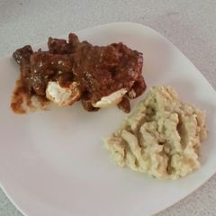 A picture of Brad's elk bourguignon w/ mashed cauliflower and parsnips.