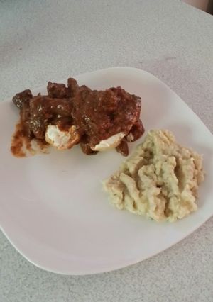 A picture of Brad's elk bourguignon w/ mashed cauliflower and parsnips.