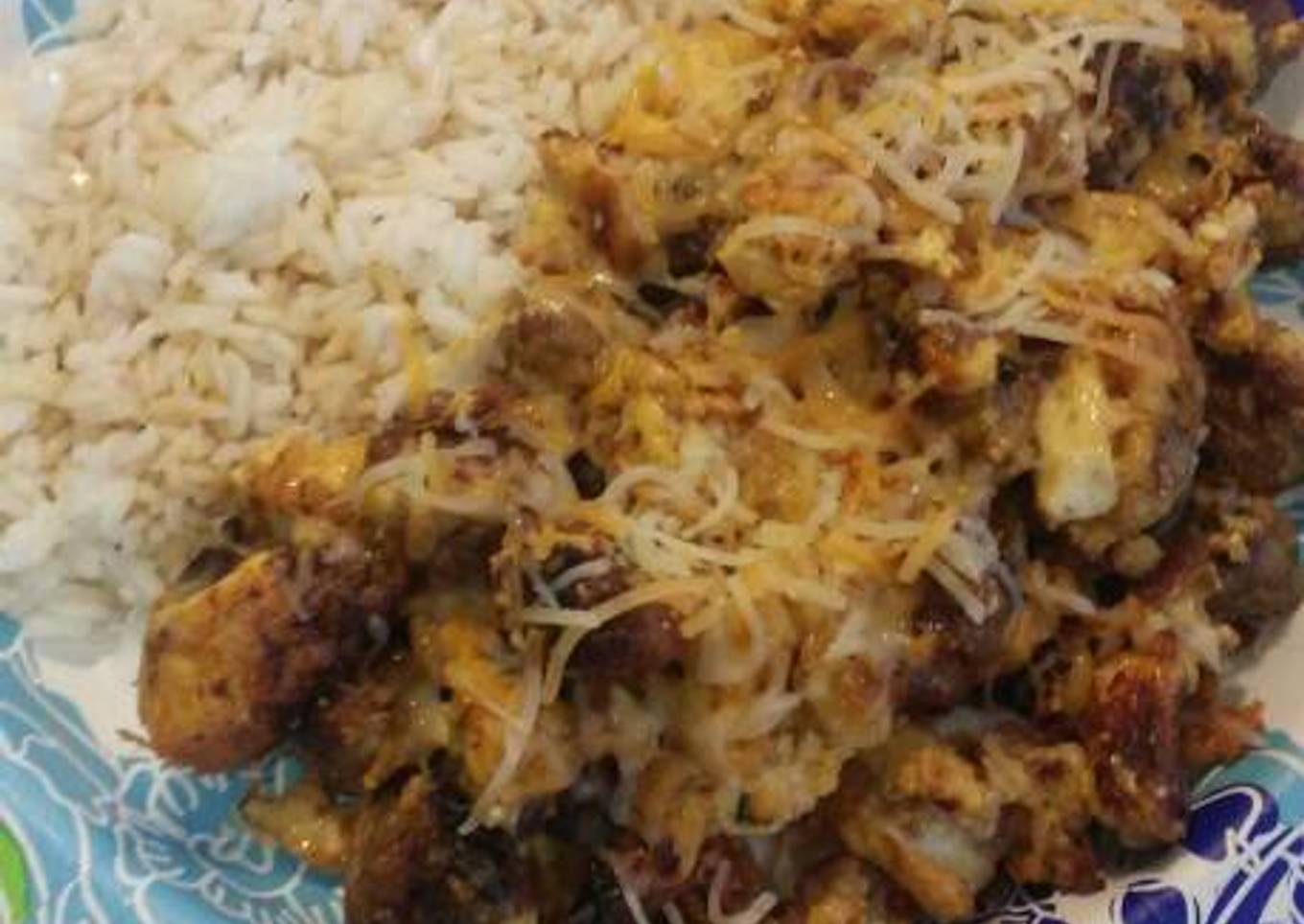 Teriyaki rice with bratwurst, potato, and scrambled eggs