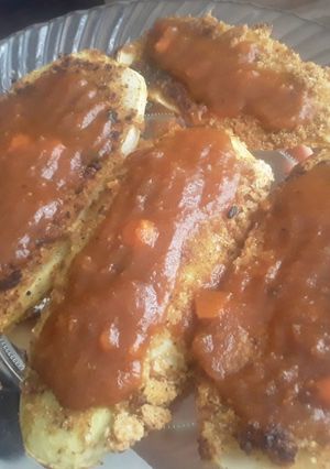 Una foto de Calabaza blanca apanada con salsa de tomate y queso...🙄🍅🧀