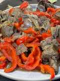 Goose Liver with Onions and Bell Peppers