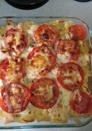 Una foto de Fideos gratinados con pollo