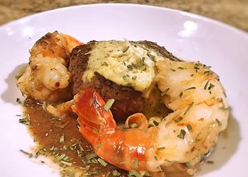 Unique Recipe Filet with Giant Prawn Pan Sauce and Barnaise Compound Butter Savory Delicious