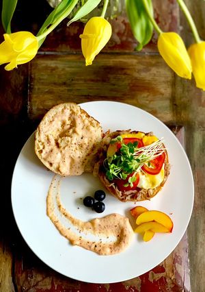 A picture of Five-Star Breakfast at Home - Golden Peach and Pork English Muffin Sandwich.
