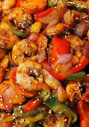 صورة لوصفة جمبرى بالصويا صوص والخضروات
