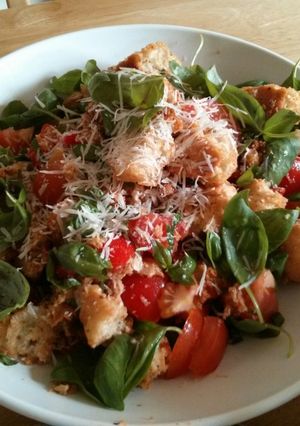 A picture of Tomatoes and bread salad.