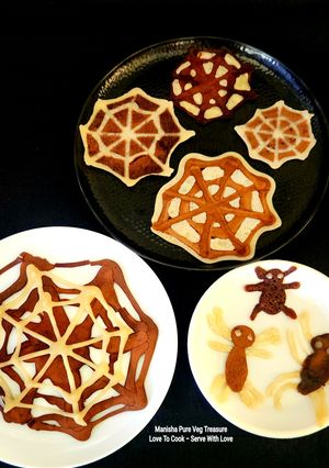 A picture of Halloween Spiders And Chocolate Vanilla Eggless Spiderweb Pancake.