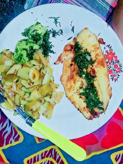 A picture of Italian Grill Fish with Skin Potatoes Salad and thyme dill Sauce.
