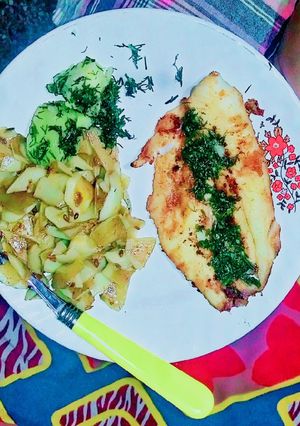 A picture of Italian Grill Fish with Skin Potatoes Salad and thyme dill Sauce.