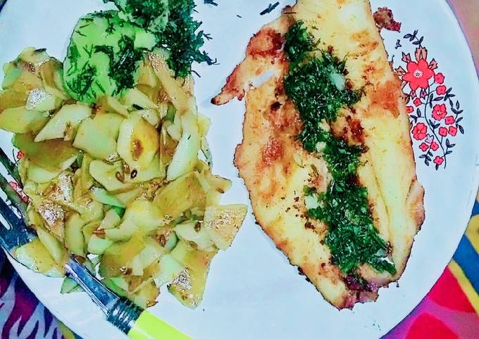 Italian Grill Fish with Skin Potatoes Salad and thyme dill Sauce