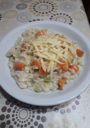 Una foto de Risotto de pollo y calabaza asada con cerveza