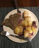 Baked onion potato and beef chunk