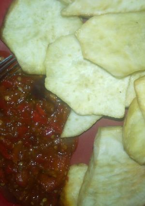 A picture of Fried sweet potato with red chilli sauce.
