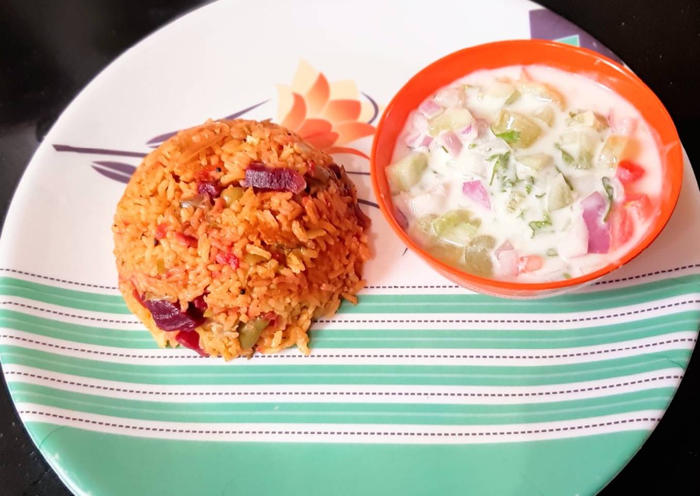 Banglore style vegetable pulao (veg tomato bath) and mosru bajji
