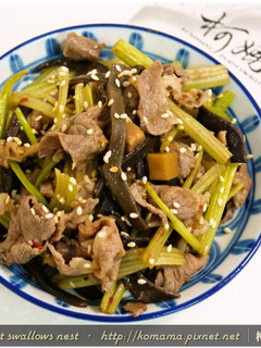 酸辣黑菇醬炒芹菜羊肉.柯媽媽の植物燕窩 的食譜成品照片