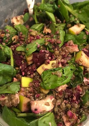 A picture of Lentil, Goats cheese and Beetroot salad.