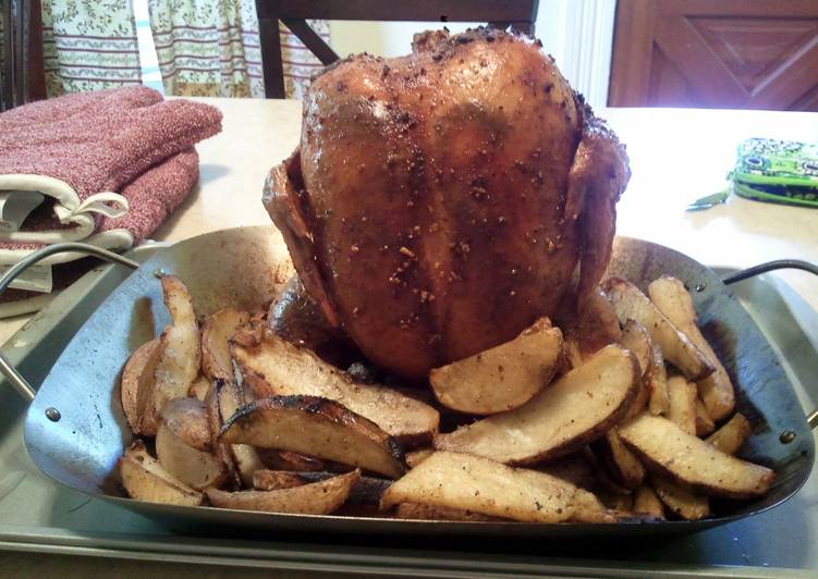 Steps to Prepare Award-winning Smoky Beer Can Chicken with Potato Wedges