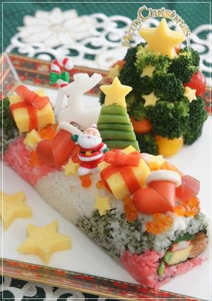 A picture of Christmas Roll Sushi.