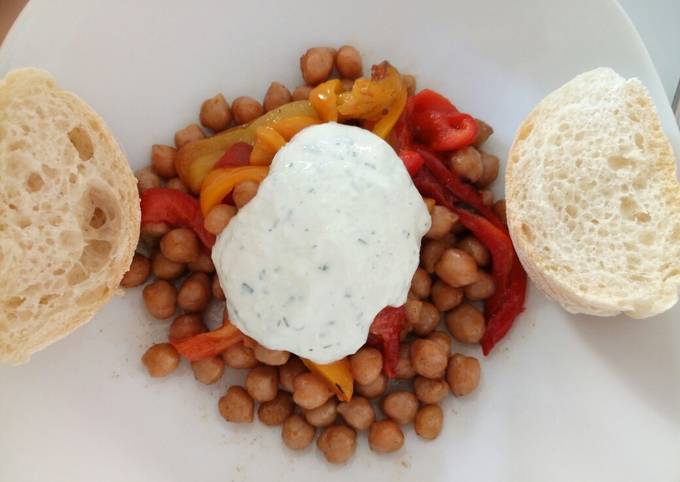 Grilled peppers and roasted chickpeas with tzatziki sauce