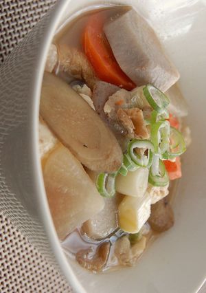 A picture of Warm Kenchin-jiru (Japanese Vegetable Soup) with Photos.