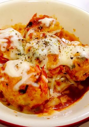 A picture of Shrimp meatball in tomato basil sauce.