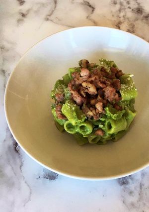 A picture of Mezze Maniche with Broccoli Cream and Sausage.