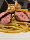 Surf n’ Turf over Garlic Basil Fettuccine