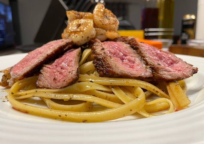 Surf n’ Turf over Garlic Basil Fettuccine