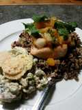 Brad's salmon w/ apricot Pico & chunky Bleu cheese pea salad